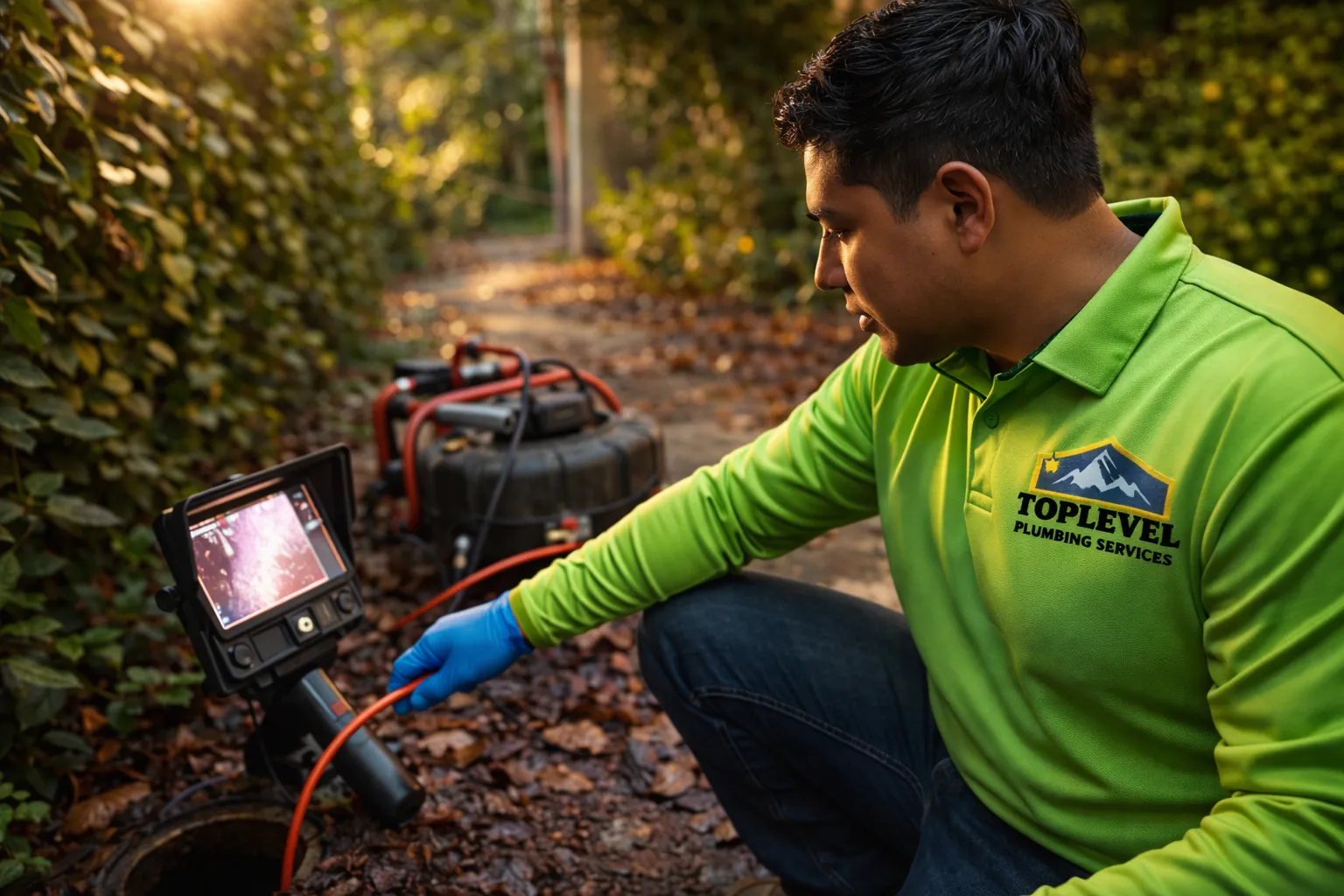 Plumber feeding a sewer camera into a line and watching the monitor