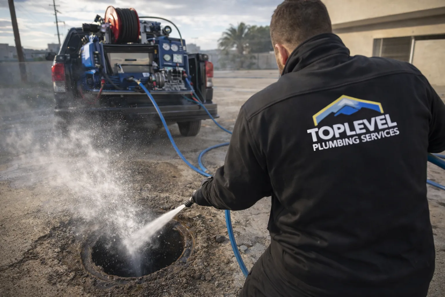 TopLevel Plumbing technician hydro jetting a sewer cleanout with a truck-mounted jetter