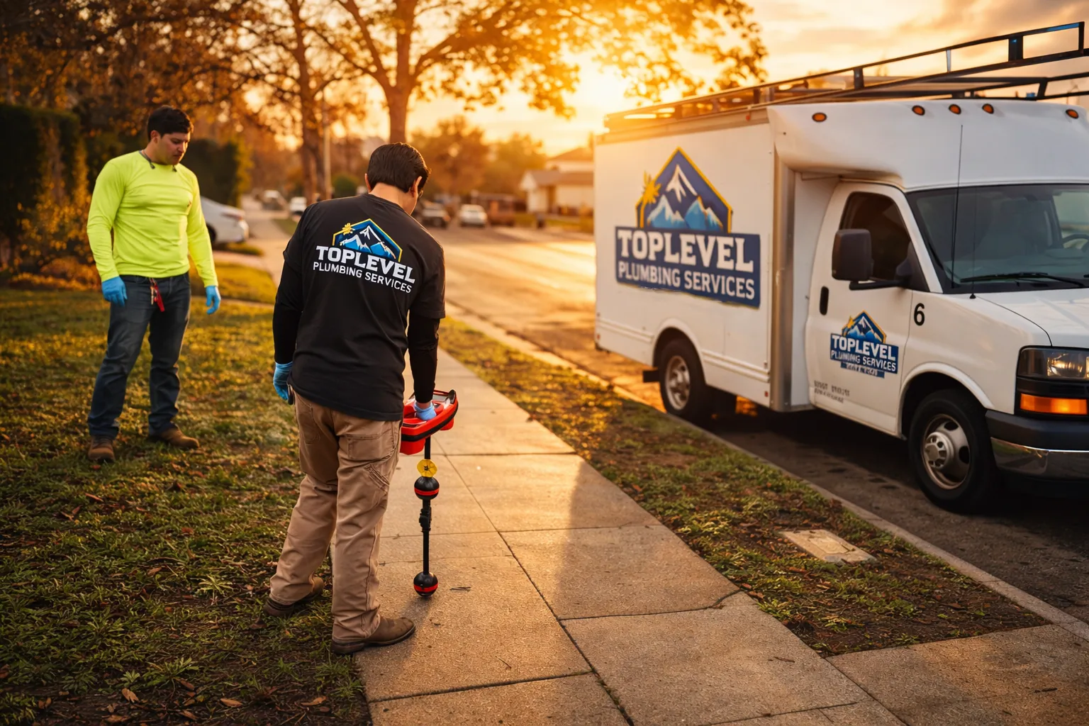 TopLevel Plumbing service truck and crew on a residential street at sunset