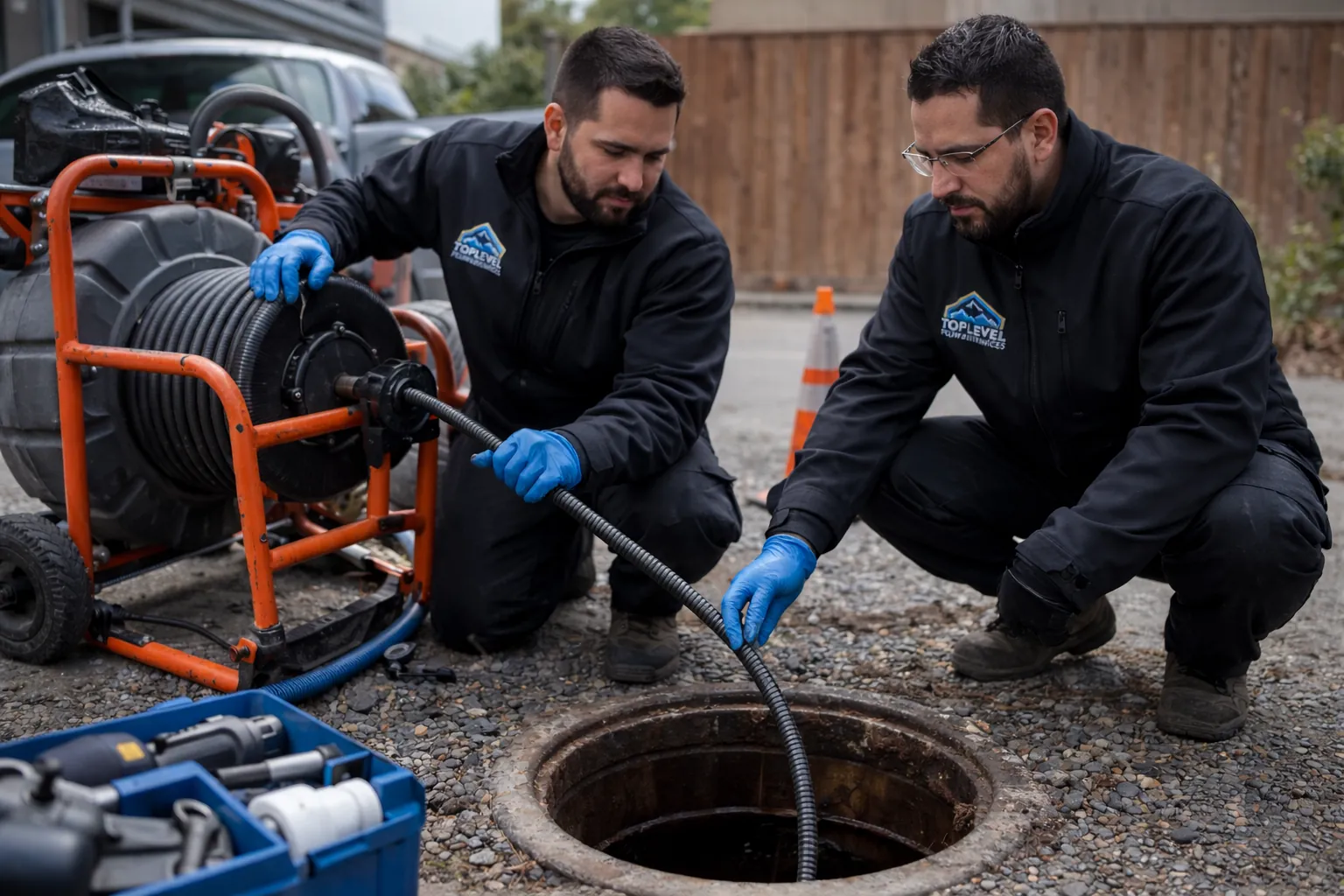 Two TopLevel Plumbing technicians running a cable machine into a sewer access