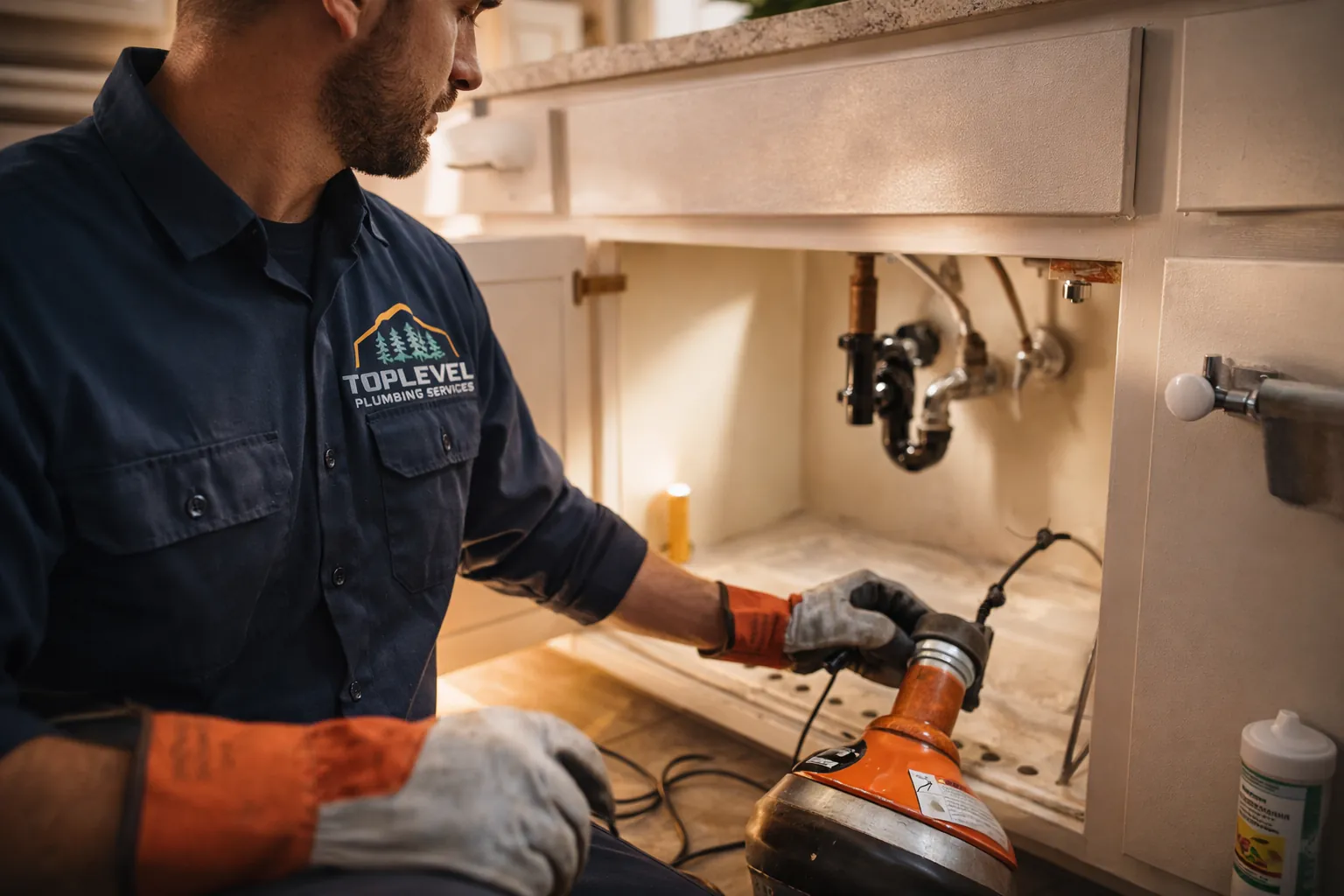 TopLevel Plumbing technician clearing a clogged sink drain