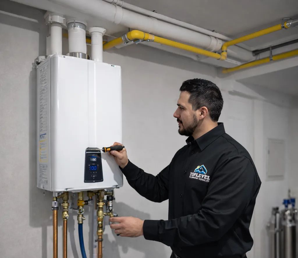 Technician servicing a wall-mounted tankless water heater