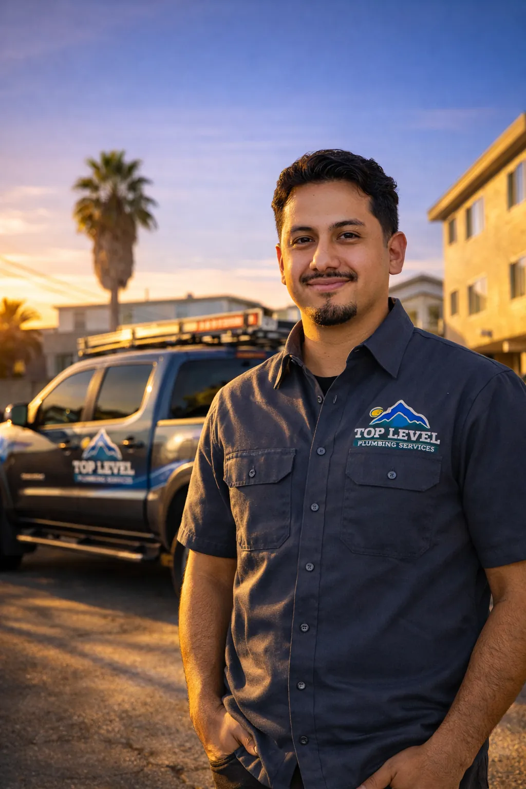 TopLevel Plumbing technician in uniform beside a company truck
